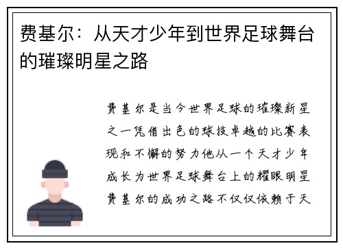 费基尔：从天才少年到世界足球舞台的璀璨明星之路