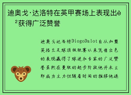 迪奥戈·达洛特在英甲赛场上表现出色获得广泛赞誉