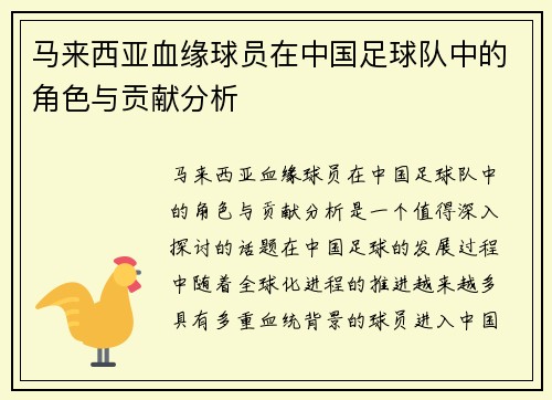 马来西亚血缘球员在中国足球队中的角色与贡献分析