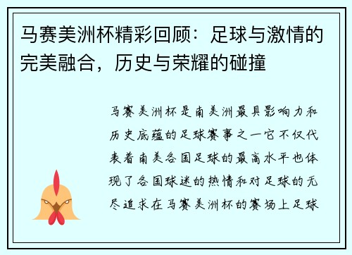马赛美洲杯精彩回顾：足球与激情的完美融合，历史与荣耀的碰撞